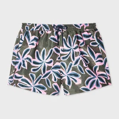 Paul Smith Khaki 'abstract Palm' Print Swim Shorts Green In Multi