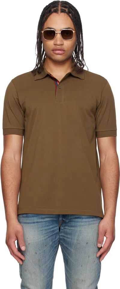 Paul Smith Khaki Cotton 'artist Stripe' Placket Polo Shirt In Brown