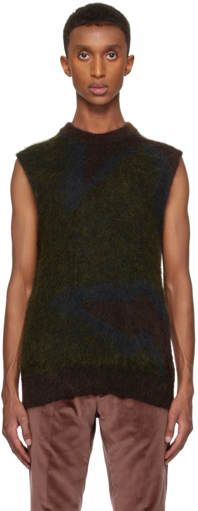 Paul Smith Dark Grey And Green 'photogram Leaves' Mohair-blend Knitted Vest