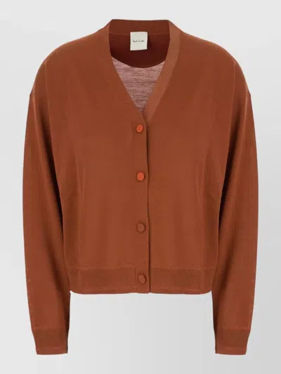 Paul Smith Knit Top Long Sleeves V Neckline In Brown