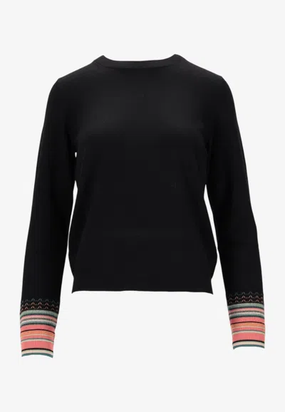 Paul Smith Knitted Crewneck Sweater With Striped-cuffs In Black