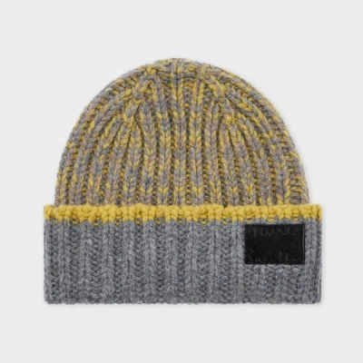 Paul Smith Lambswool Grey And Yellow Chunky Rib Beanie In Gray