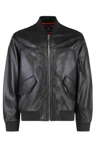 Paul Smith Bomber Style Leather Jacket With Ribbed Knit Edges In Black