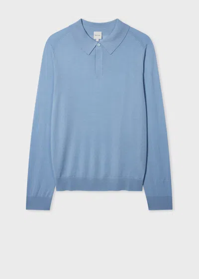 Paul Smith Light Blue Navy Merino Wool Knitted Long-sleeve Polo Shirt