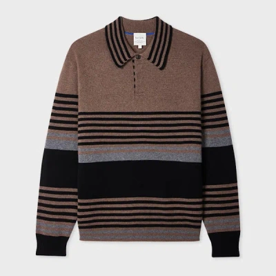 Paul Smith Light Brown Stripe Cashmere Polo Sweater In Multi