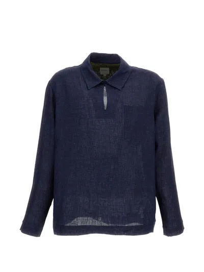 Paul Smith Loose-fit Beige Linen Shirt With Pointed Collar And Button Cuffs In Blue