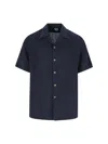 Paul Smith Linen Short-sleeve Blanket-stitch Shirt In Navy Blue