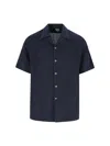 Paul Smith Linen Short-sleeve Blanket-stitch Shirt In Navy Blue In Blue