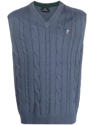 Paul Smith Logo-embroidered Cable-knit Vest In Blue