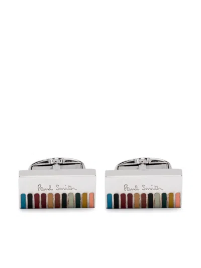 Paul Smith Logo-engraved Striped Cufflinks In Silver