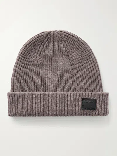 Paul Smith Logo-appliquéd Ribbed Cashmere And Merino Wool-blend Beanie In Brown