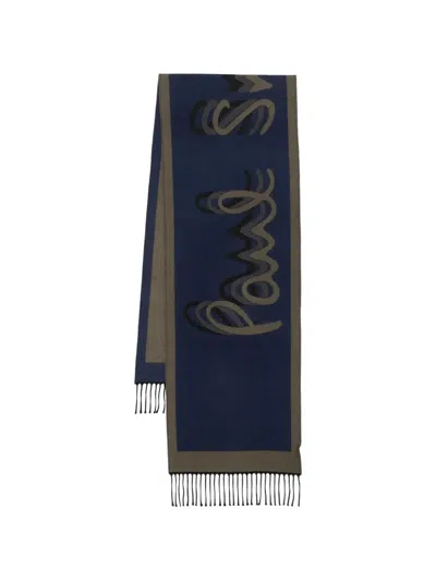Paul Smith Logo-emebellishment Fringed Scarf In Blue
