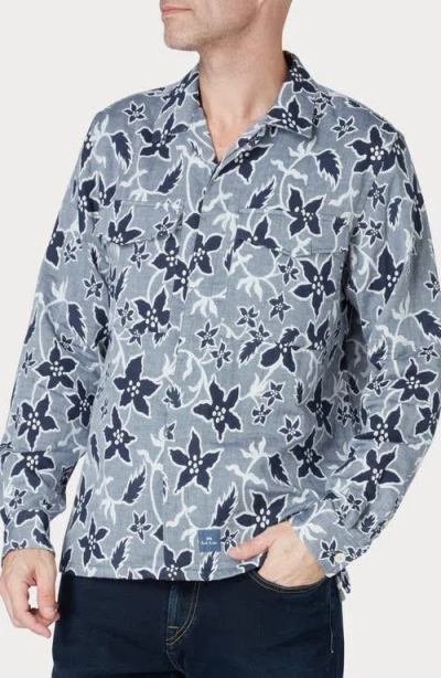 Paul Smith London Casual Fit Floral Long Sleeve Cotton Camp Shirt In Blue