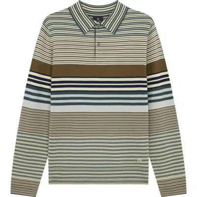 Paul Smith London Stripe Long Sleeve Merino Wool Polo In Green