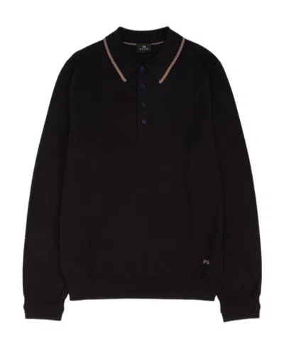 Paul Smith Long-sleeve Merino-wool Polo Shirt In Black