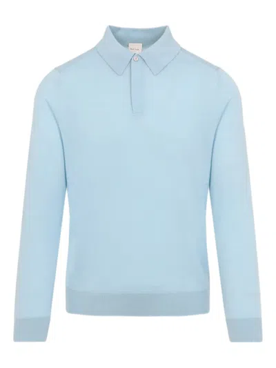 Paul Smith Sky Blue Merino Wool Kntted Long-sleeve Polo Shirt