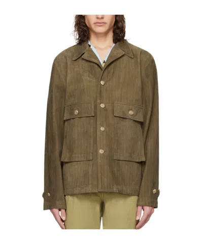 Paul Smith Long-sleeved Button Leather Jacket In Green