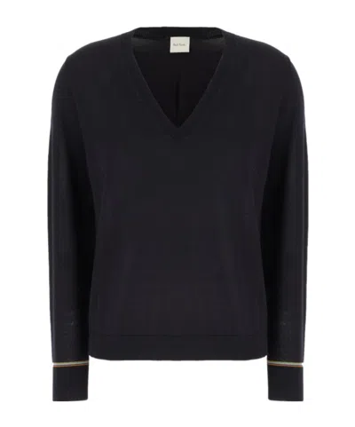 Paul Smith Wool Sweater Contrast Trim V Neck In Black