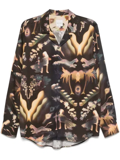 Paul Smith Artistic Print Black Long Sleeve Shirt With Classic Collar In Braun