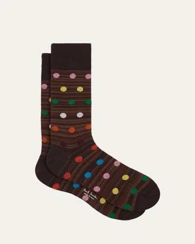 Paul Smith Men's Kinsley Polka Dot Overlay Signature Stripe Crew Socks In Brown