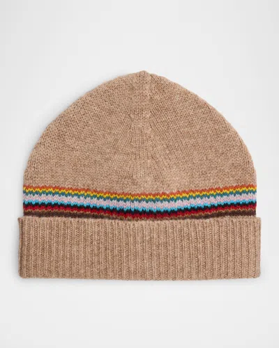 Paul Smith Men's Lambswool Signature Block Stripe Beanie Hat In Brown