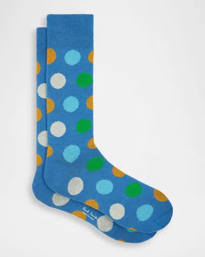 Paul Smith Men's Mike Large Polka Dot Cotton Crew Socks In Blue