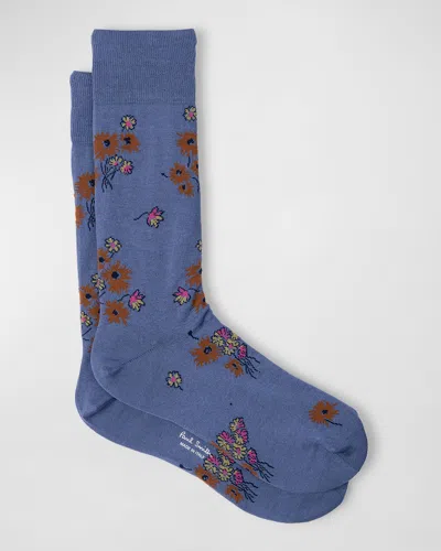 Paul Smith Men's Narcissus Floral Crew Socks In Blue