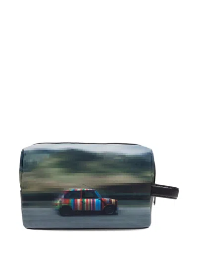 Paul Smith Men Printed Leather Wash Bag In Blue