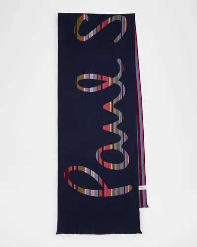 Paul Smith Men's Reversible Signature Stripe Logo Wool Scarf In Blue