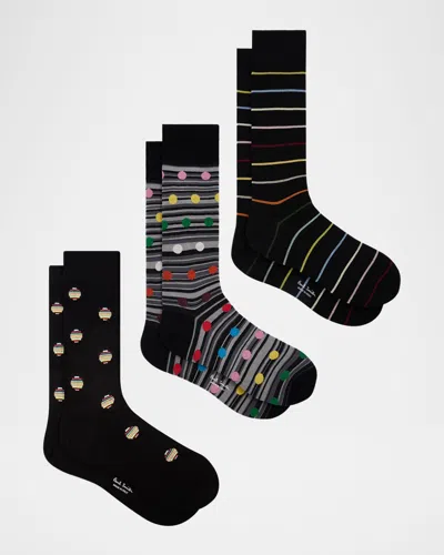 Paul Smith Men's Seasonal Multi-pattern 3-pack Crew Socks In Black