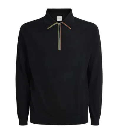 Paul Smith Merino Wool Signature Stripe Zip Polo Shirt In Black