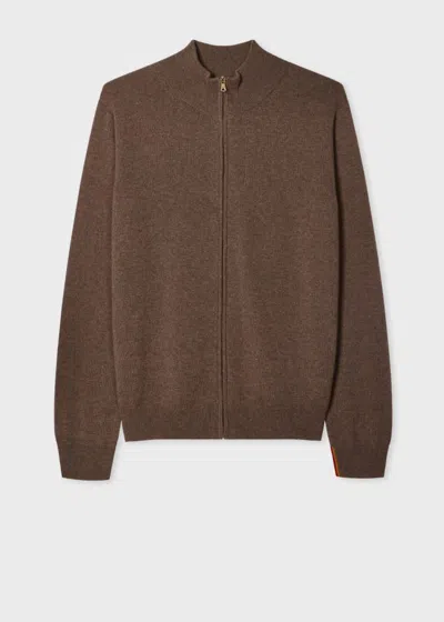 Paul Smith Mid Brown Cashmere Zip Cardigan In Multi