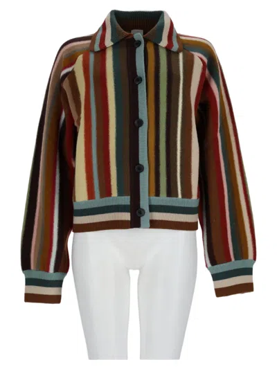 Paul Smith Multicolor Striped Cropped Merino Wool Cardigan In Black