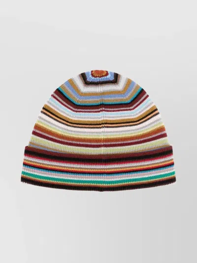 PAUL SMITH MULTICOLOR STRIPED KNITTED HAT WITH TURN-UP BRIM