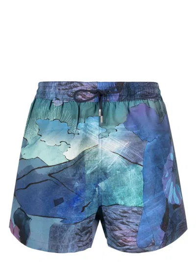 Paul Smith Narcissus-print Swim Shorts In Blue