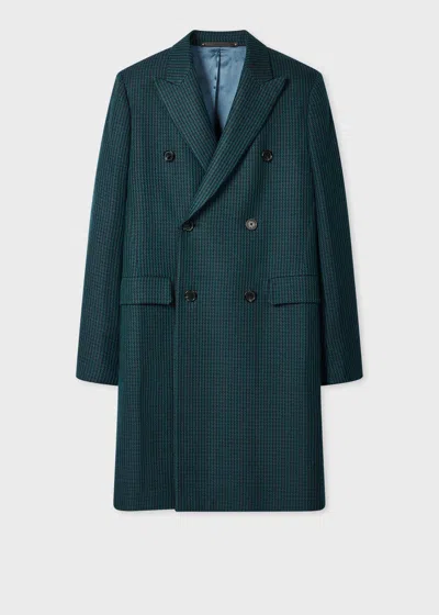 Paul Smith Navy And Teal Houndstooth Wool-blend Double Breasted Overcoat Blue