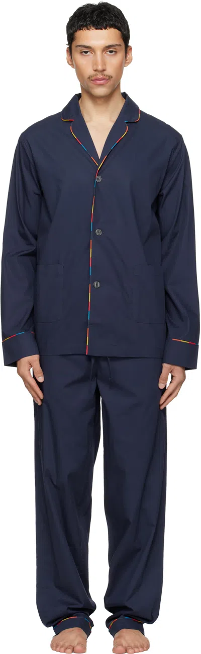 Paul Smith Navy 'artist Stripe' Trim Cotton Pyjama Set In Blue