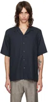 Paul Smith Linen Short-sleeve Blanket-stitch Shirt In Navy Blue In 49 Blues