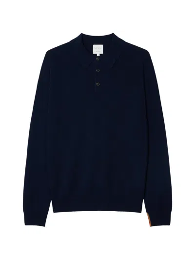 Paul Smith Navy Cashmere Long-sleeve Polo Shirt In Yellow