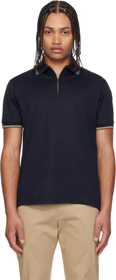 Paul Smith Navy Cotton 'signature Stripe' Trim Zip Polo Shirt In Blue