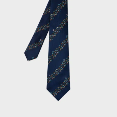 Paul Smith Navy Embroidery Floral Stripe Tie Blue