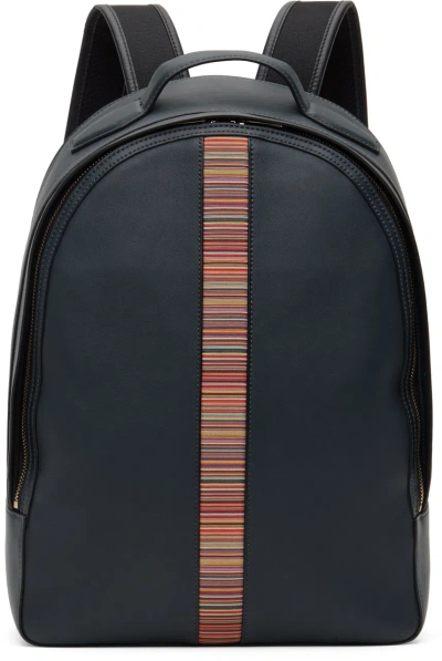 Paul Smith Navy Leather Signature Stripe Backpack In 43 Blues