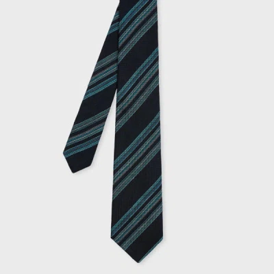 Paul Smith Navy Linen-silk Block Stripe Tie Blue