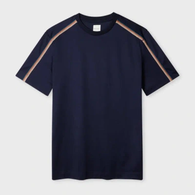 Paul Smith Navy Mercerised Cotton 'signature Stripe' Shoulder Trim T-shirt Blue