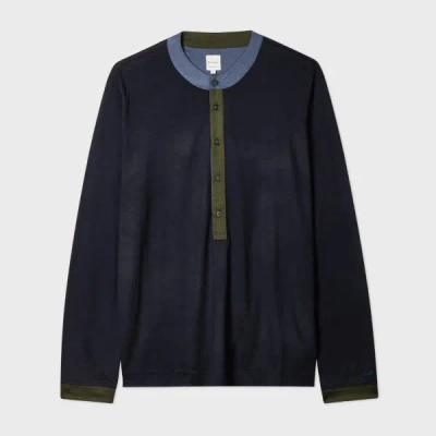 Paul Smith Navy Merino Wool Contrast-collar Henley Top Blue