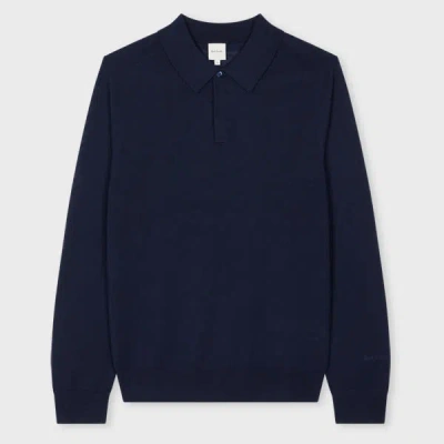Paul Smith Navy Merino Wool Knitted Long-sleeve Polo Shirt Blue