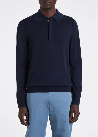 Paul Smith Navy Merino Wool Long-sleeve Polo Shirt In Blue