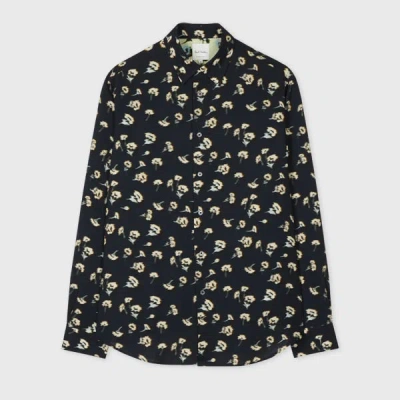 Paul Smith Navy 'shadow Floral' Print Viscose-linen Shirt Blue