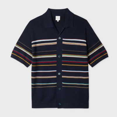 Paul Smith Navy 'signature Stripe' Knitted Cotton Short-sleeve Shirt Blue