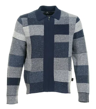 Paul Smith Navy Tonal Patchwork Zip Through Cardigan In Blue
